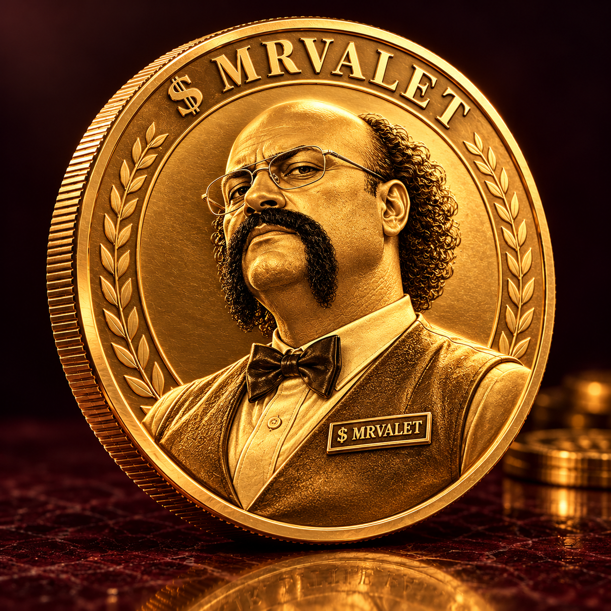 $MRVALET coin cast in gold with MR VALET's face in relief, on a wine-red background.