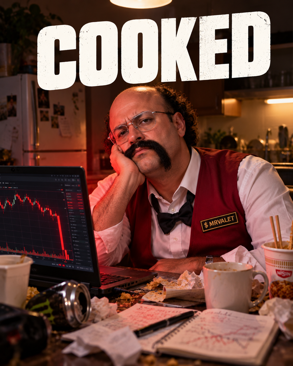 MR VALET exhausted watching red chart crash.