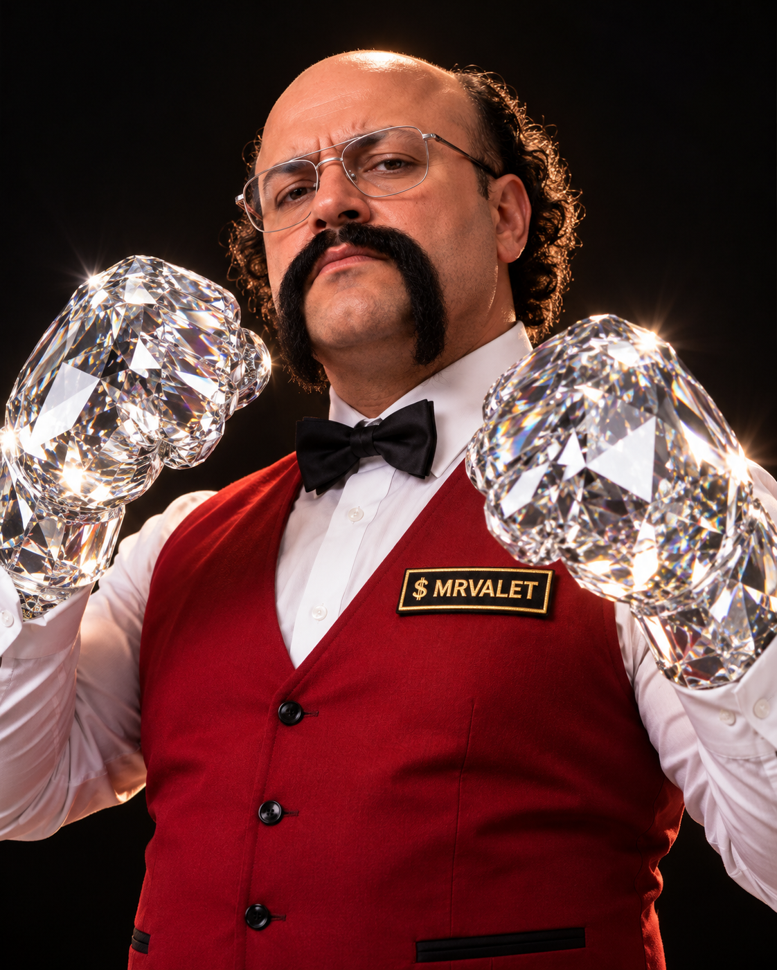 MR VALET holding two enormous diamond fists.