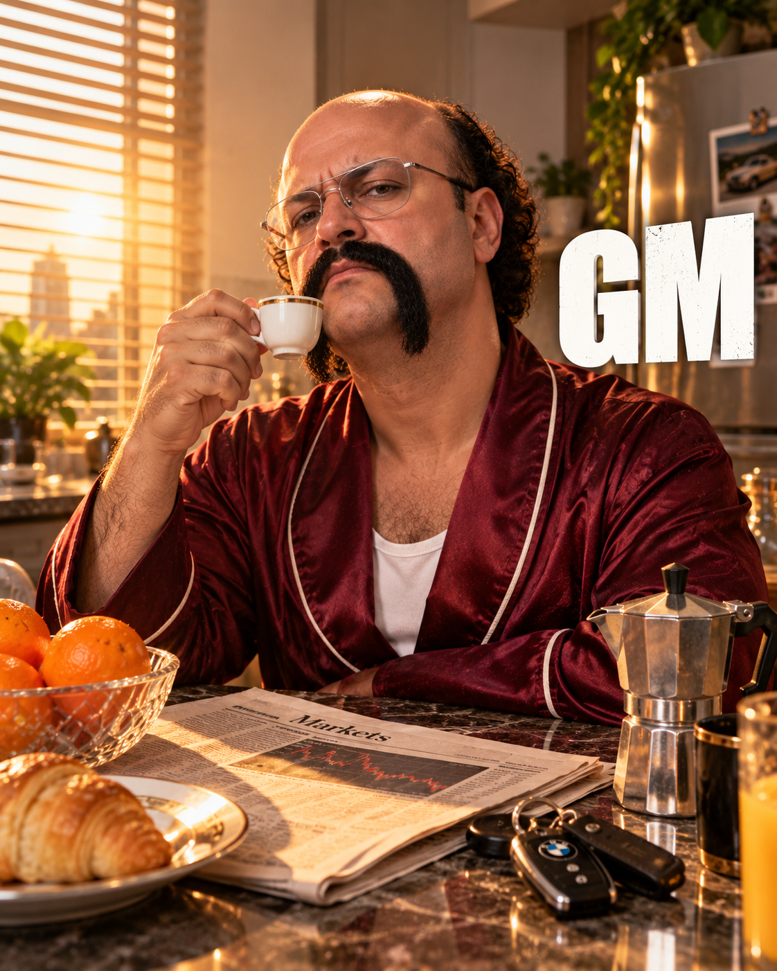 MR VALET in robe drinking espresso at sunrise.