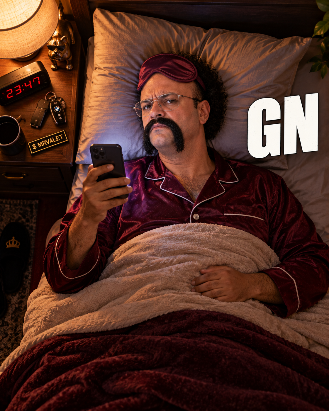MR VALET in bed checking phone at midnight.