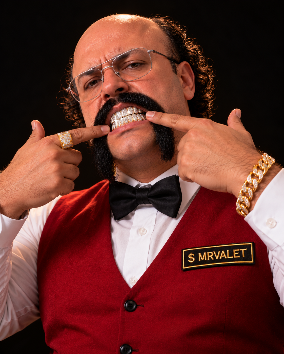 MR VALET pointing at his diamond grillz.