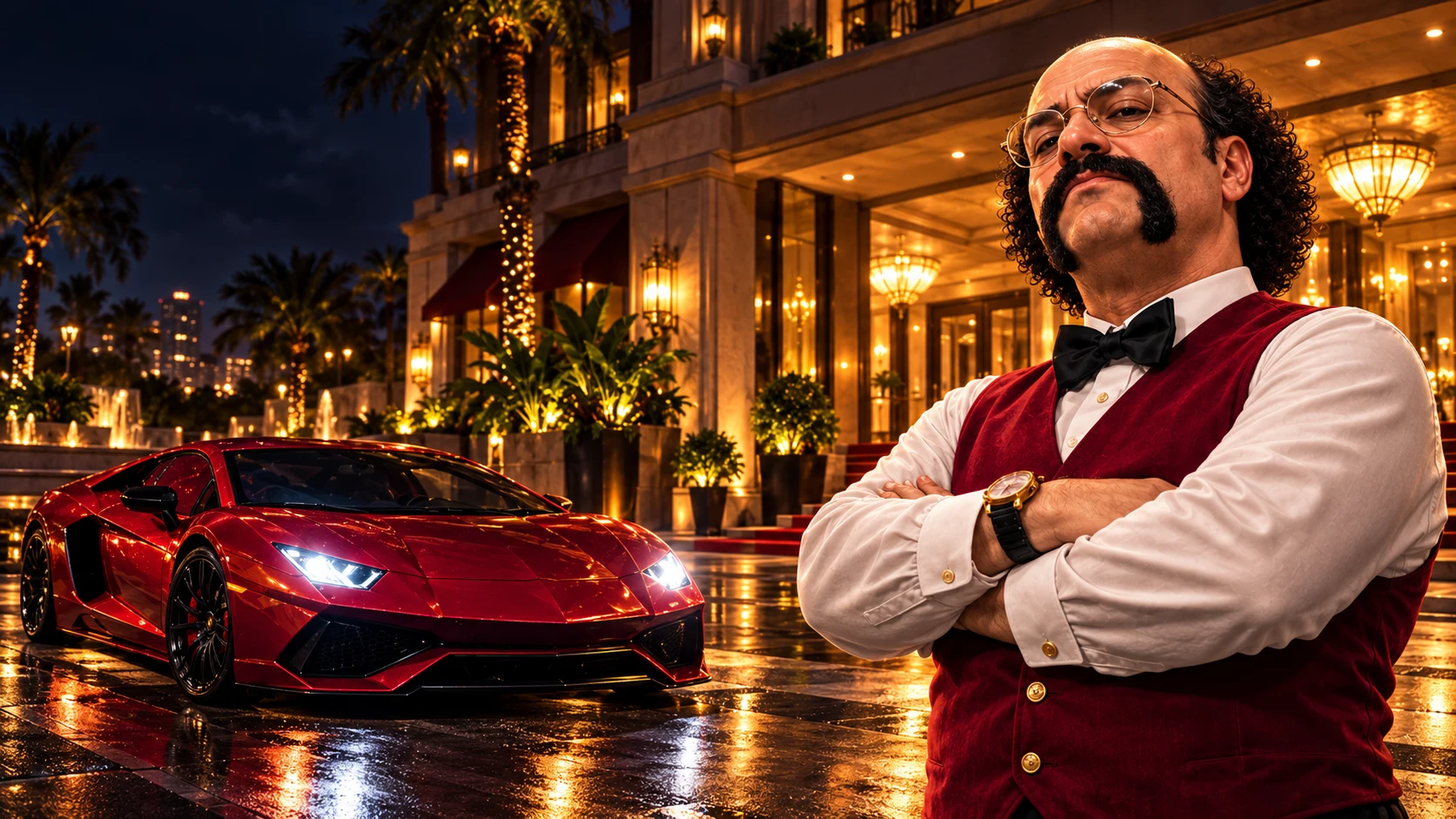 MR VALET with folded arms beside a red supercar at the luxury hotel